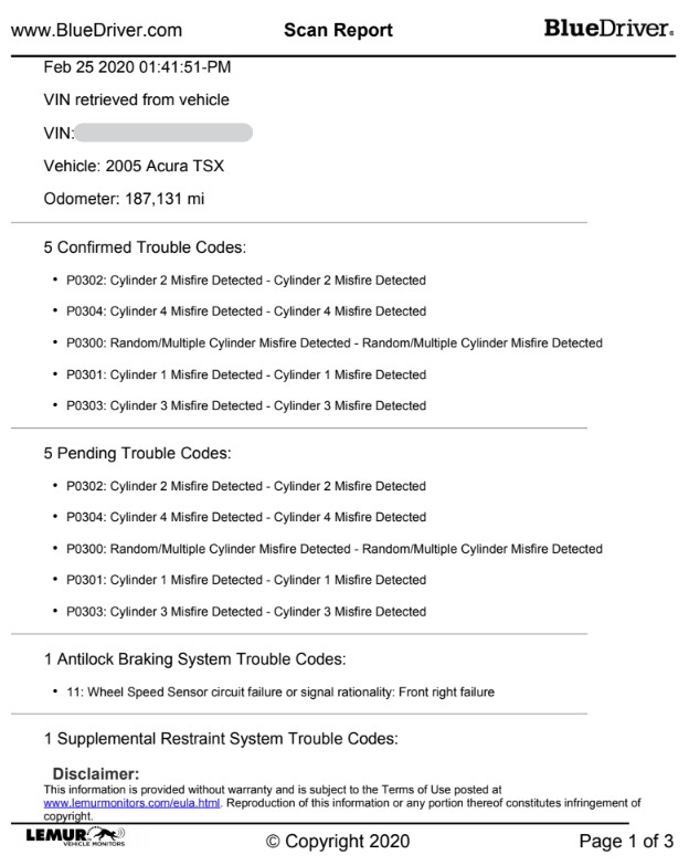 BlueDriver Diagnostic Report Example 1