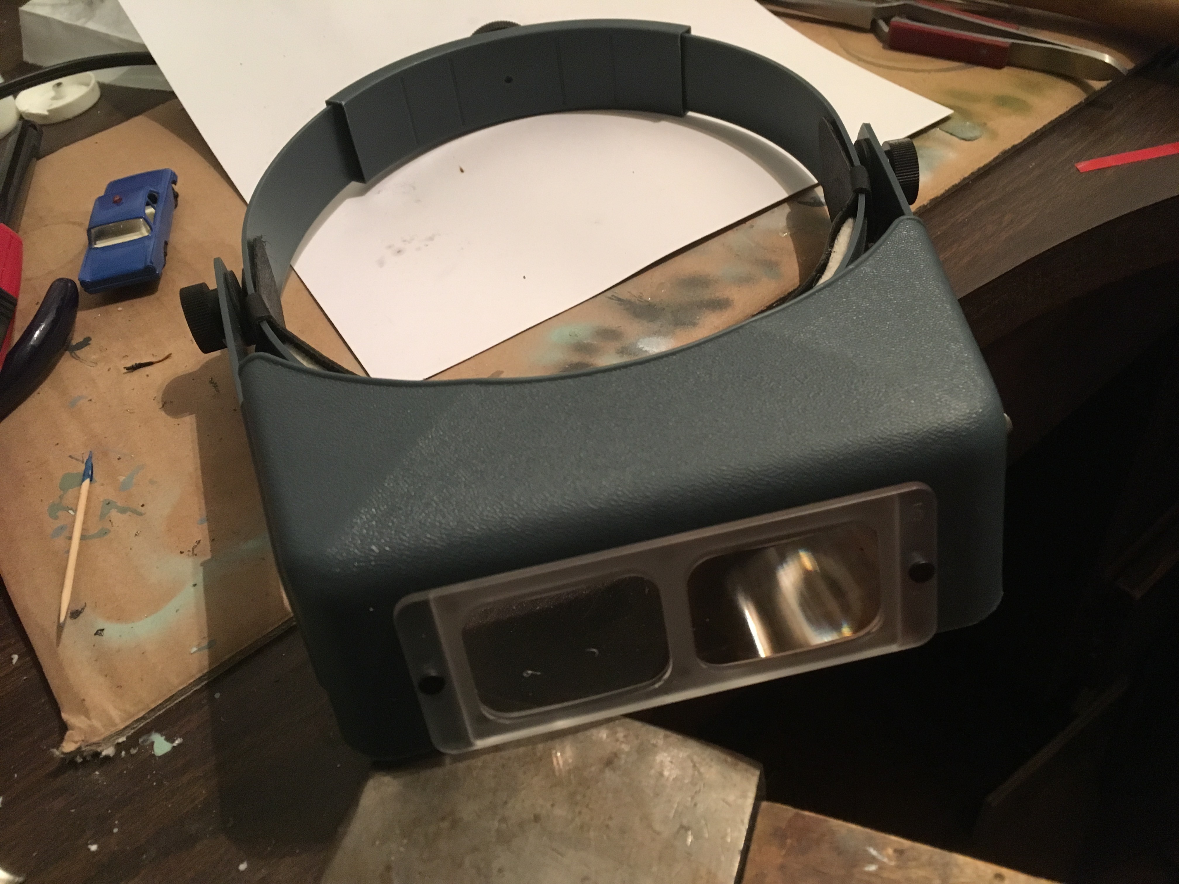 OptiVisor head-mounted magnifier for detailed diecast car restoration work