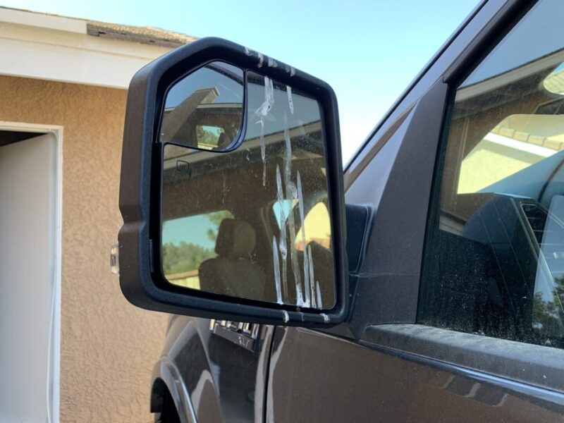 Bird poop on car side mirror