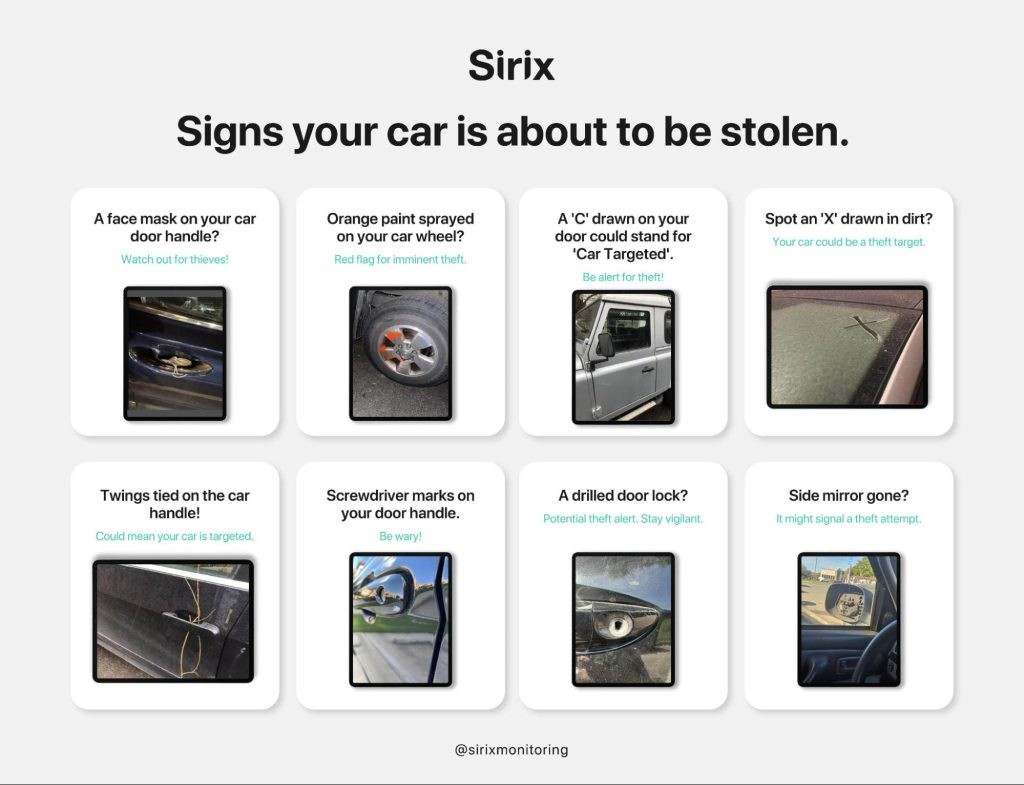 Infographic of various signs your car is being targeted by thieves, including masked door handles and painted wheels.