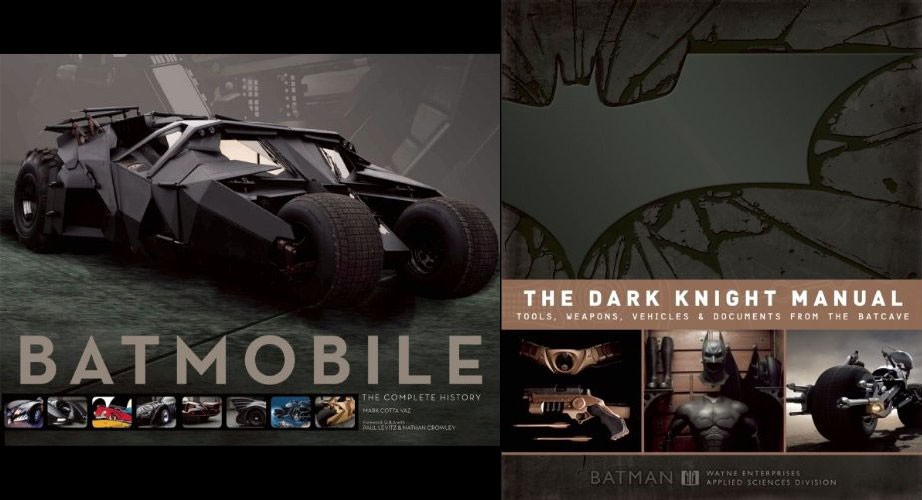 Review of Batmobile: The Complete History and The Dark Knight Manual books, showcasing Batman tools, weapons, and cars.