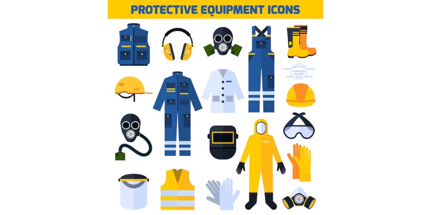 Essential safety gear for tool maintenance and auto repair, featuring safety goggles, work gloves, and earplugs.