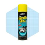 A spray can of Stoner Invisible Glass cleaner stands upright, advertising its streak-free formula amidst a light blue hexagonal background.