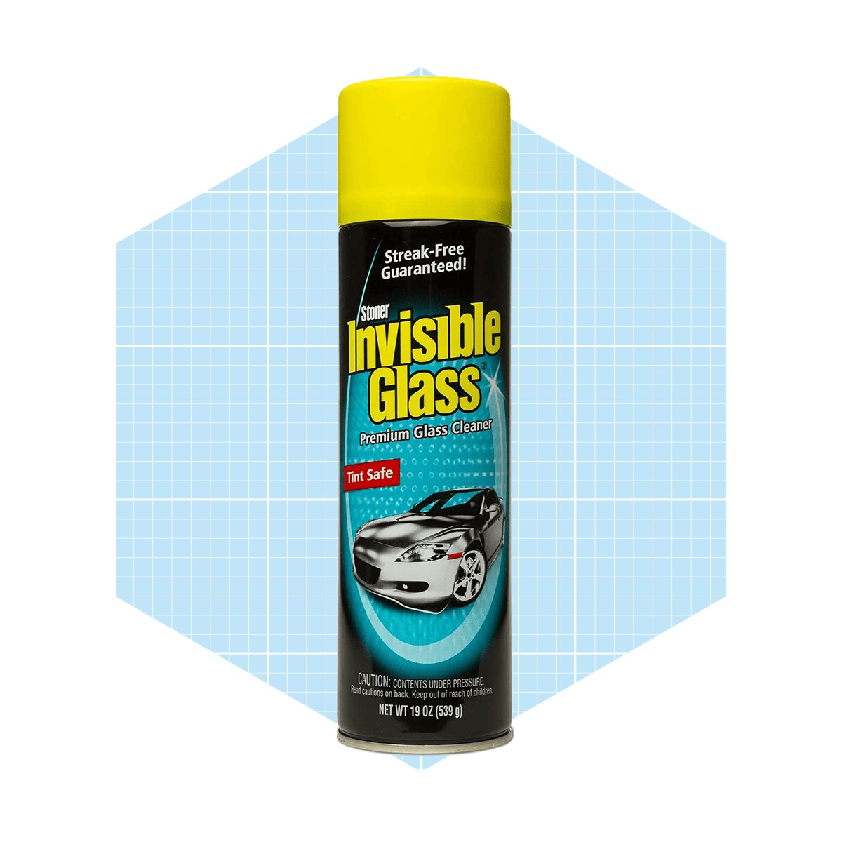 A spray can of Stoner Invisible Glass cleaner stands upright, advertising its streak-free formula amidst a light blue hexagonal background.