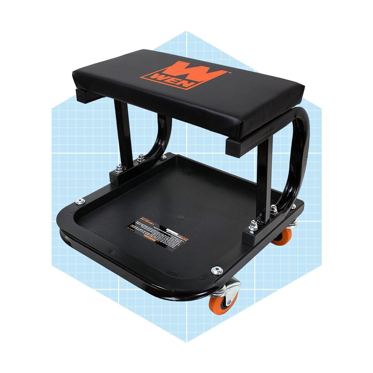 A mechanic's rolling seat with built-in storage, ideal for working on low-profile vehicles.